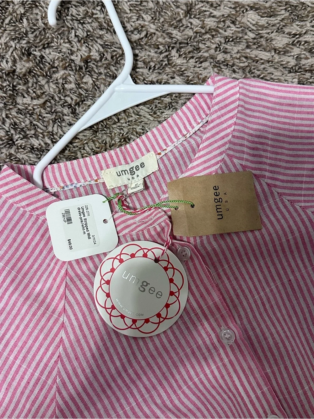 Umgee women’s new with tag Pink and White Striped Button Front Dress size medium